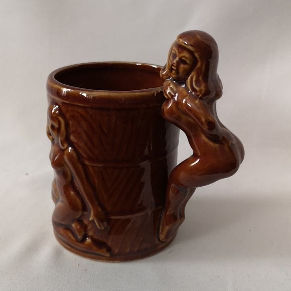 Vintage Ceramic Risque Mug w Handle and Design on One Side, Brown Glaze Japan - Picture 3 of 5
